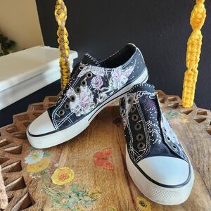 Ed Hardy Floral Butterfly Skull Slip on Shoe w/Rhinestone Decor - Size US6/EU37